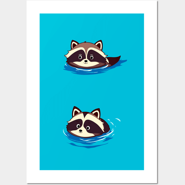 Raccoon Duo Swimming in Blue Water Wall Art by Chromatic Currents